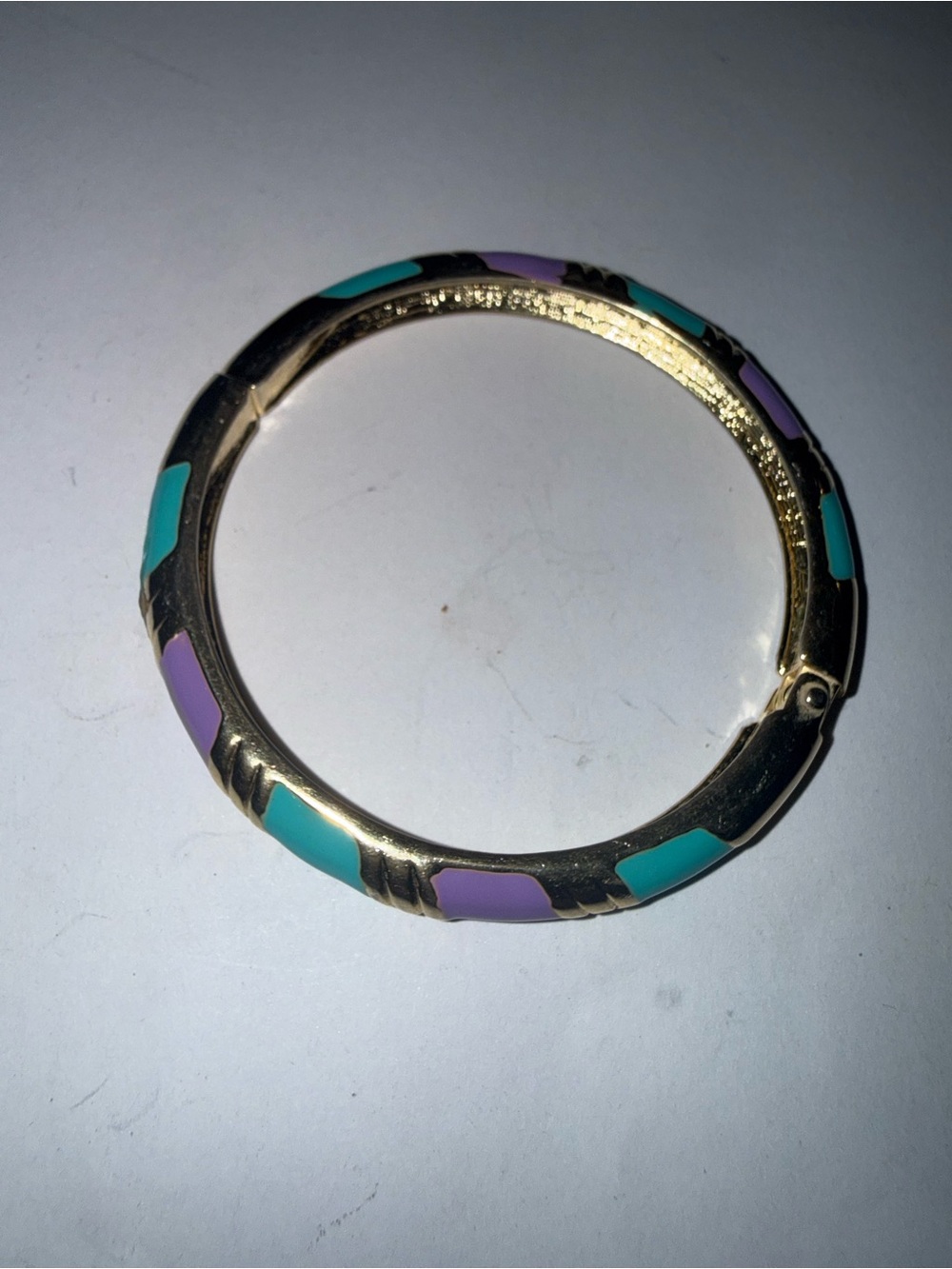 Gold-Tone Bangle Bracelet with Teal and Lavender Enamel